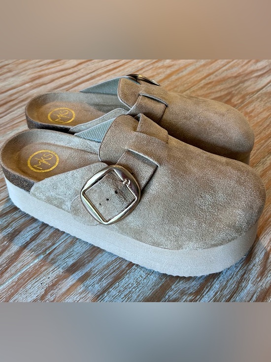 Shoes - Beige Suede Platform Mule with Buckle - Women